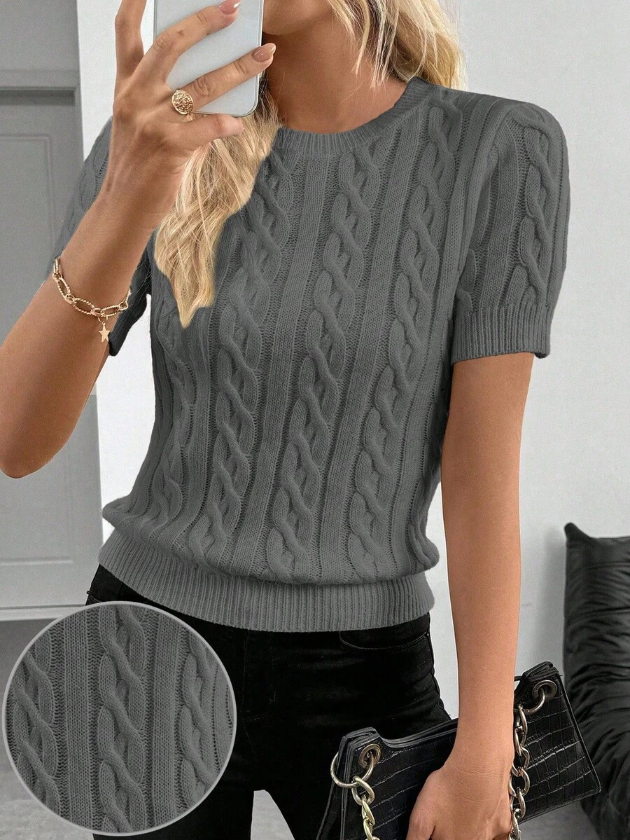 SHEIN Cottnline Blogger-Inspired Twist Rope Decor Round Neck Knit Sweater, Versatile, Autumn/Winter - Grey - View 1