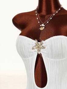 Amplova 2026早春新款低胸抹胸式纹理面料金属海星装饰女士连体衣，适合海滩度假 - 白色 - 查看 4