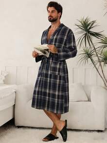 DAZY 春季格子腰带设计长款男士睡袍 - 彩色 - 查看 6
