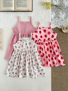 SHEIN 3件套女婴无袖连衣裙套装，弹力豹纹条纹吊带裙，适合夏季度假和派对，休闲拼接豹纹印花装饰吊带背心，中等弹力 - 粉色 - 查看 5