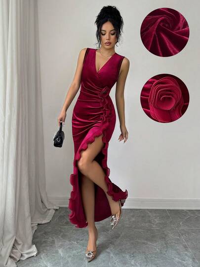 Elenzga Women's Elegant, Fashionable, Comfortable, Charming Vintage Minimalist High-End Romantic Holiday Casual Dress With V-Neck, Waist Pleats, 3D Floral Ruffle Trim, Fitted Velvet Design