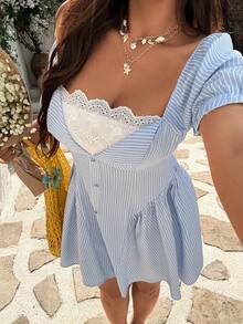 Sunnyshic Sweet & Spicy Striped Casual Waist Cinched Embroidered Ruffle Puff Sleeve Women Dress - Blue - View 3