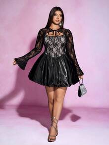 Viva Relle Plus Size Elegant Lace Patchwork Tie-Up Dress - Black - View 4