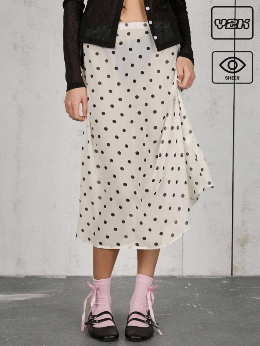 COUREZ Jupe mi-longue à pois, tenues d'été pour femmes style Y2K vintage - Blanc - Voir 1