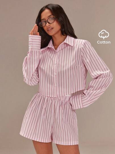 Athîral 女士休闲粉色条纹长袖衬衫和短裤套装