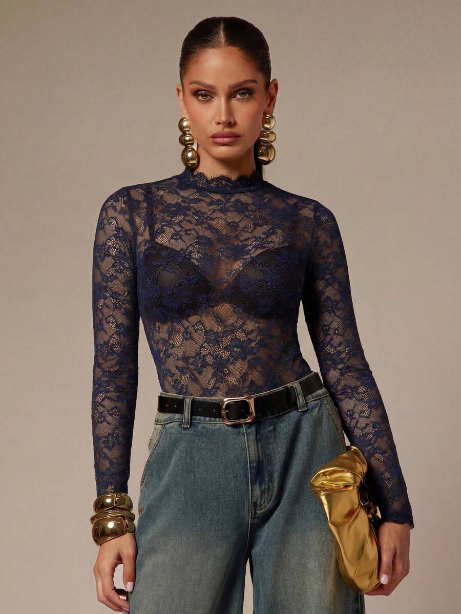 Silquee Women's Lace Sheer Sexy Stand Collar Long Sleeve Bodysuit - Navy Blue - View 1