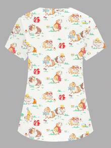 PopScrub 女士卡其色V领短袖双口袋可爱动物/仓鼠图案上衣，生日礼物，花卉卡通印花护士/医生制服上衣，纯色宠物美容工作服上衣，营养师工作服，多口袋功能性工作服，可爱 - 卡其色 - 查看 2