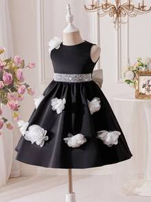 SHEIN Young Girl Black Summer Traditional Wedding Dress,Woven 3D Floral Round Neck Sleeveless Party Dress With White Bow,Tween Formal Princess Flower Girl - Black and White - View 8