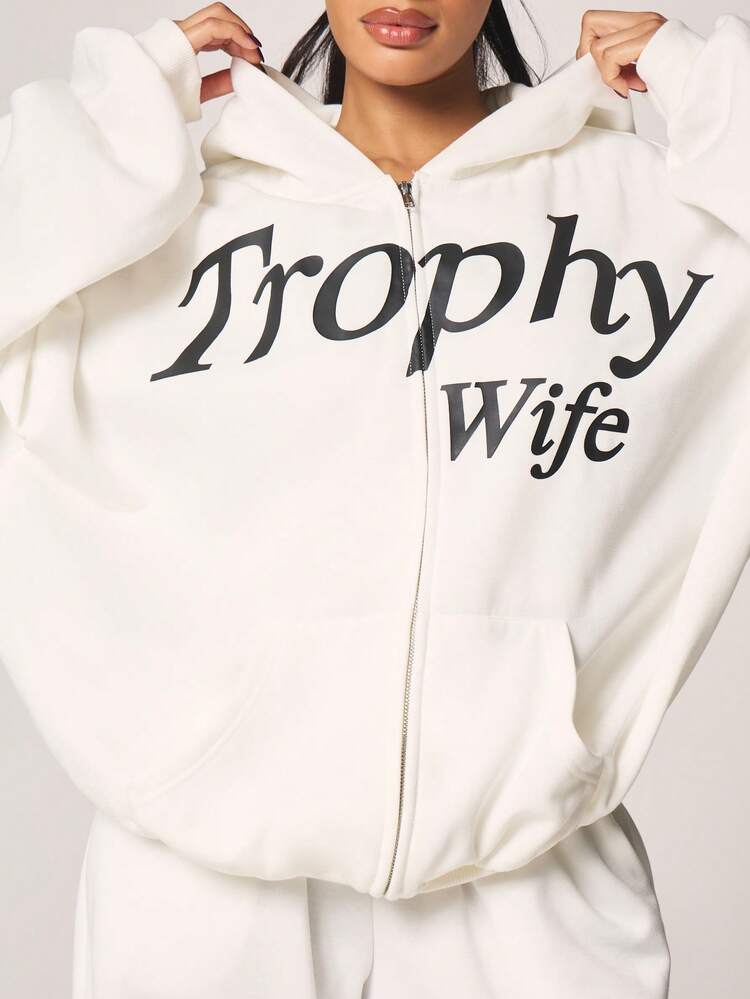 MISSGUIDED Trophy Wife Zip Up Hoodie With Front Print And Long Sleeves For Casual Everyday Comfort