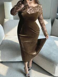 Dazy Plus Plus Size Women's Velvet Contrast Lace Bodycon Party Dress, Sexy & Stretchy For Dates - Khaki - View 3