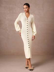 Lumalex Women's Solid Color Drop Shoulder Long Sleeve V-Neck Knitted Maxi Sweater Dress With Buttons - Apricot - View 3