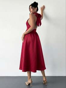 Firerie 女士复古V领露背系带中长连衣裙，适合情人节、音乐会、演出、约会、派对、婚礼等场合，性感优雅，通勤、返校、度假、海滩等浪漫场合皆宜。 - 玫瑰紅 - 查看 8