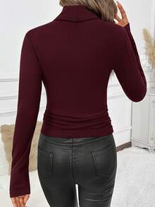 SHEIN Clasi Women's Turtleneck Fitted Ruched Thermal Long Sleeve T-Shirt - Burgundy - View 2
