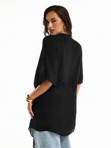 Swim Basics Women's Solid Color Minimalist Casual Kimono Cover Up - Black - View 2
