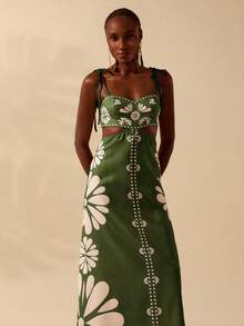 CAJUNI 女士波西米亚热带橙色印花无袖系带露脐连衣裙，休闲沙滩度假夏季连衣裙 - 綠色 - 查看 5