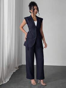 Modelyn Women's Bamboo Knot Elegant Modern Side Tie Waist Two Pieces Set, Fashion Design, Spring/Summer Womens Suit Set Suit Dress Dress Clothes Women Summer Suits For Women - Navy Blue - View 7