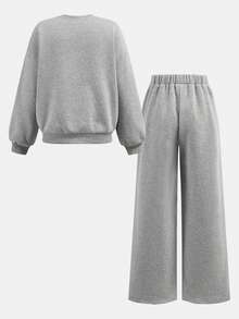 SHEIN Bộ áo nỉ dài tay in chữ và quần dài thời trang thường ngày cho bé gái tuổi teen - Xám - Xem 2