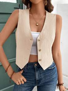 Vivid Eden 纯色V领无袖纹理面料休闲宽松背心 - 卡其色 - 查看 4
