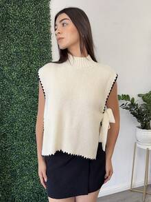 Andrea Bello 秋冬女式撞色立领侧开衩系带针织背心 - 杏色 - 查看 5