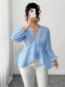 Elenzga Blue Plus Size Striped Woven Blouse Featuring Notched Neck Puff Long Sleeves And Flared Ruffle Hem For Casual Style Fall - Blue - View 6