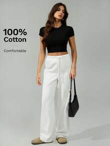 SHEIN Tall 100% 纯棉女式白色梭织裤，舒适秋冬春夏，百搭休闲装 - 白色 - 查看 5