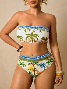 Travachic Plus Size Women Coconut Tree Print Swimwear Set, Bandeau Swimwear Top - Multicolor - View 1