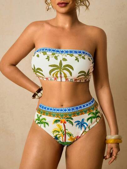 Travachic Plus Size Women Coconut Tree Print Swimsuit Set, Bandeau Swimsuit Top