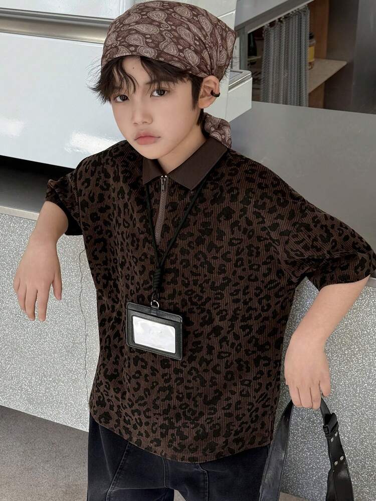 Tween Boy Casual Leopard Print Short Sleeve T-Shirt, Summer