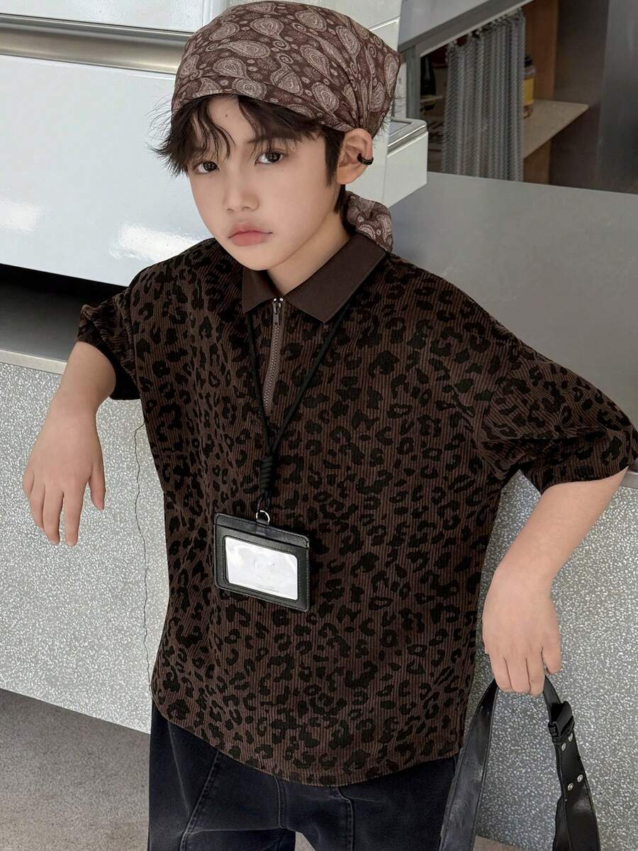 DAZY Tween Boy Casual Leopard Print Short Sleeve T-Shirt, Summer