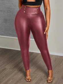 SHEIN PETITE CURVE Quần skinny da cạp cao màu đen dành cho nữ cỡ lớn, thích hợp cho mùa thu và mùa đông. - Màu Đỏ Sâu - Xem 3