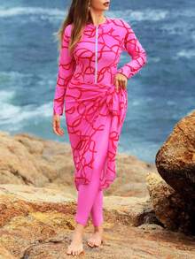 Swim Shayni Set de 3 piezas talla grande: Parte superior con estampado aleatorio y cremallera, pantalones de unicolor y falda larga - Rosa - Ver 1