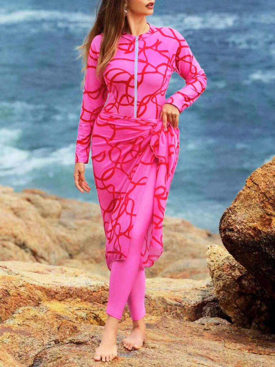 Swim Shayni Set de 3 piezas talla grande: Parte superior con estampado aleatorio y cremallera, pantalones de unicolor y falda larga - Rosa - Ver 1