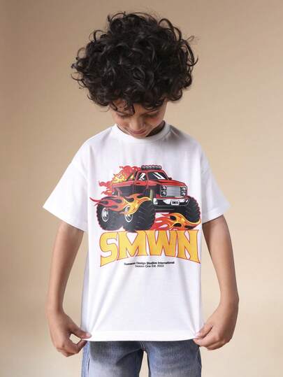  SUMWON Boys Monster Truck Graphic T-Shirt With Flame Design Short Sleeve Crew Neck Tee Print Casual Summer Kids Top Regular Fit Vacation