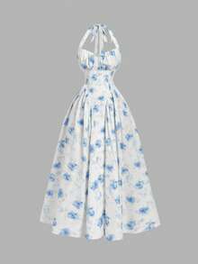 SHEIN MOD 杏色和蓝色花卉印花露背长裙，胸部褶皱设计——浪漫复古花卉连衣裙，适合约会、派对、舞会、节日和生日穿着 - 藍白色 - 查看 5
