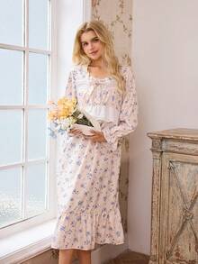 Women's Beige Night Dress With Floral Print Ruffle Hem Midi Length Square Neck And Flare Long Sleeves - Beige - View 4