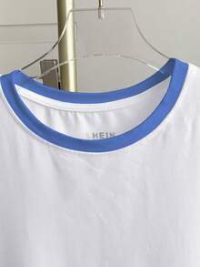 SHEIN 女士休闲条纹拼接圆领短袖T恤，夏季 - 彩色 - 查看 3