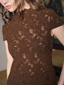 Anewsta 棕色优雅修身钩针镂空高领短袖女式T恤 - 棕色 - 查看 7