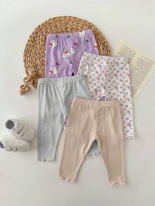 SHEIN Newborn Baby Girl Cute Casual Knitted Elastic Cartoon Pattern Drawstring Waist Pants (Sold Separately) - Multicolor - View 3