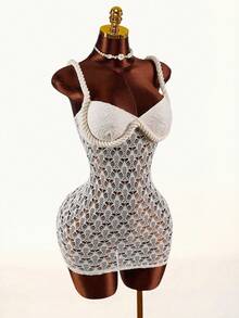 Amplova Y2K 性感镂空修身腰部系带肩带迷你连衣裙，女士薄纱连衣裙，透视连衣裙，性感女装，优雅女士连衣裙，夏季度假装，透视连衣裙两件套度假套装，包括带金属装饰的绳带吊带三角罩杯和长袖半透明喇叭领连体裤。 - 杏色 - 查看 6