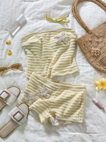 Swim Vcay 女士沙滩装格子黄条纹钩编面料可爱海星图案运动短裤泳裤比基尼套装，适合女士情人节新年派对度假春夏泳装