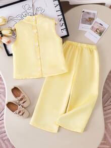 Elladie kids 2pcs/Set Young Girls Yellow Sleeveless Mandarin Collar Sequin Floral Vest & Straight Leg Pants,Summer 7th Birthday Middle Eastern Style Satin Outfits - Yellow - View 2