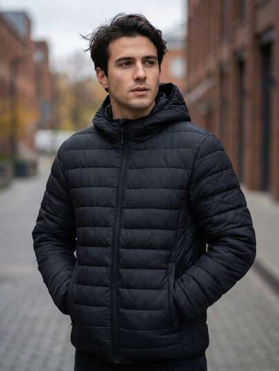 Chamarra de Invierno Negra para Hombre con Gorro Desmontable – Acolchada, Térmica y Moderna, Look Urbano Casual para Frío