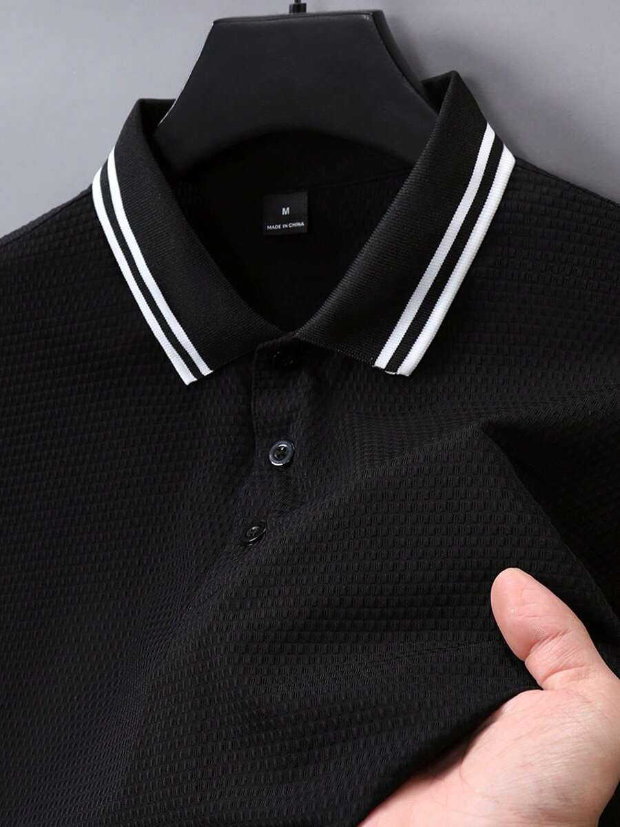 Manfinity Homme Men's Casual/Office Versatile Contrast Striped Trim Short Sleeve Polo Shirt, Summer - Black - View 1