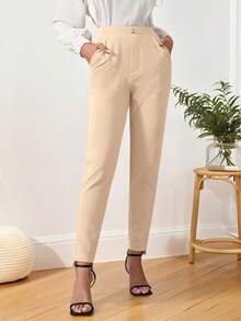 EMERY ROSE 秋冬季斜插口袋不对称下摆修身长裤 - 杏色 - 查看 1