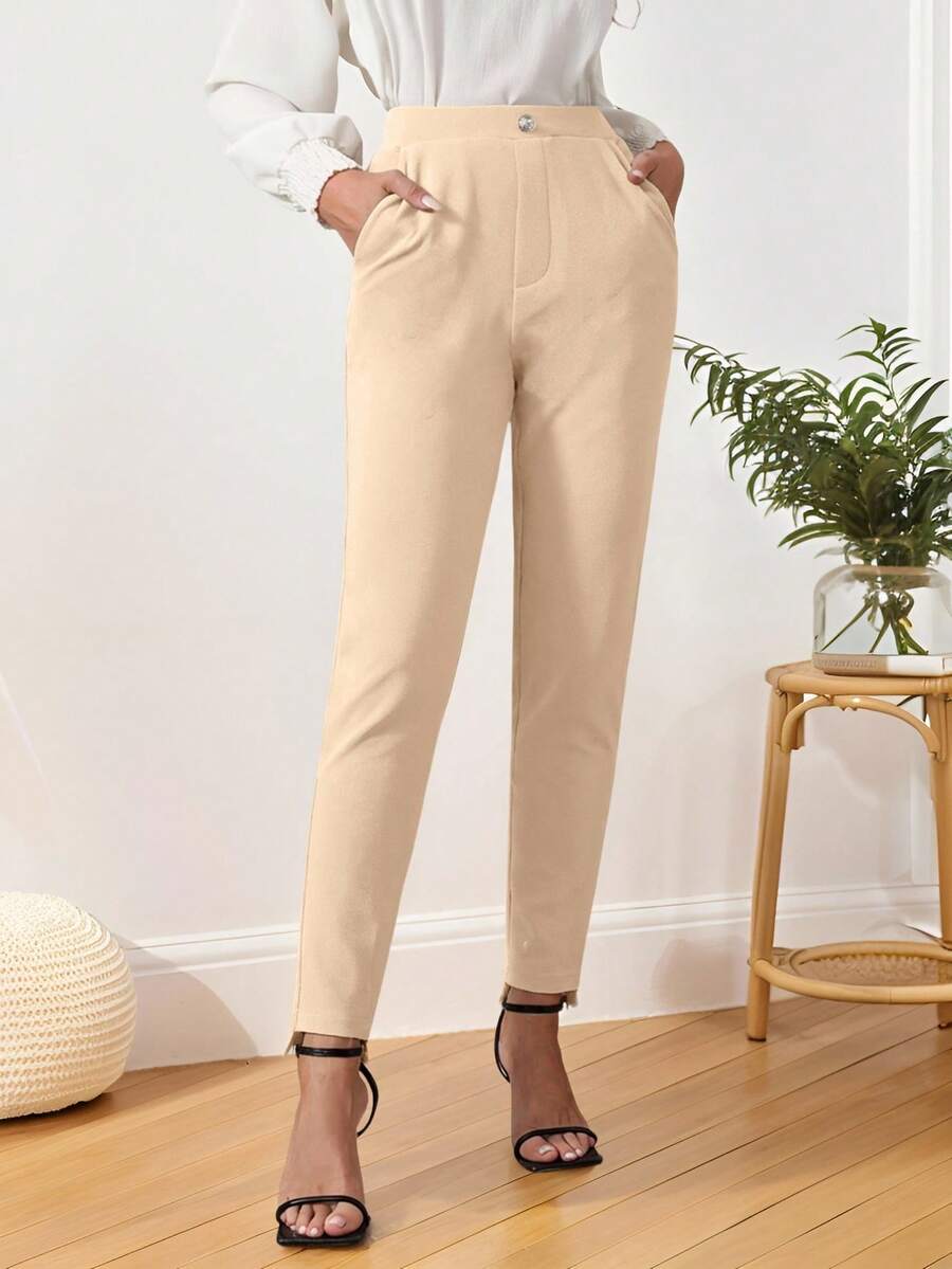 EMERY ROSE 秋冬季斜插口袋不对称下摆修身长裤 - 杏色 - 查看 1