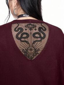 ROMWE Goth 大码女式哥特式花卉蛇纹刺绣网纱拼接薄款开衫 - 紫色 - 查看 2
