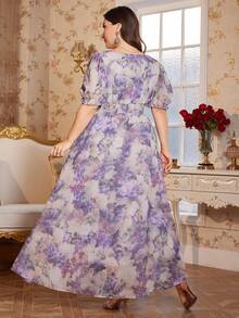 Reflora 大码女式碎花方领荷叶边泡泡袖优雅连衣裙 - 彩色 - 查看 3