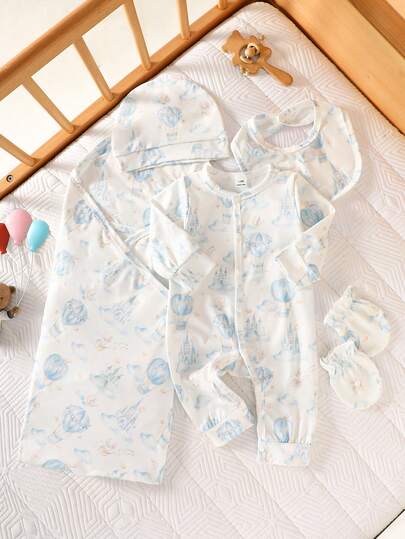 SHEIN Newborn Baby Cartoon Printed Pattern Long Sleeved Jumpsuit With Full Open Placket And Matching Color Hat, Gloves, Duvet, And Bib 5-Piece Gift Set, Comfortable Fabric, Suitable For Both Boys And Girls, Perfect For Family Use Spring Newborn Clothes Unisex Baby Clothes Floral Print Baby Outfit Newborn Spring Clothes Unisex Newborn Clothes Newborn Baby Clothes