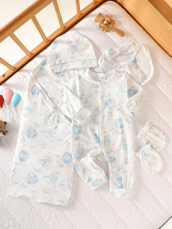 SHEIN Newborn Baby Cartoon Printed Pattern Long Sleeved Jumpsuit With Full Open Placket And Matching Color Hat, Gloves, Duvet, And Bib 5-Piece Gift Set, Comfortable Fabric, Suitable For Both Boys And Girls, Perfect For Family Use Spring Newborn Clothes Unisex Baby Clothes Floral Print Baby Outfit