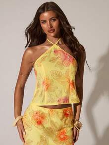 SHEIN BAE 女士春夏串珠花卉刺绣露背吊带上衣，完美适用于音乐节、派对、朋友聚会和休闲外出。时尚刺绣上衣，黄色亮片刺绣上衣，性感优雅，是音乐节的理想之选。亮丽的黄色上衣。 - 黃色 - 查看 1